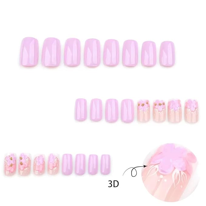Press on Nails - Medium Square Fake Nails with Floral Design - Purple Full Cover Stick on False Nails - for Women 24 Pcs