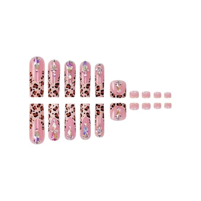Pink French Tips Press on Toenails Leopard Press on Nails Long Square False Nails with Rhinestones Design Diamond Fake Toenails Glossy Reusable Summer Fake Nails for Women Girls DIY Manicure 48Pcs