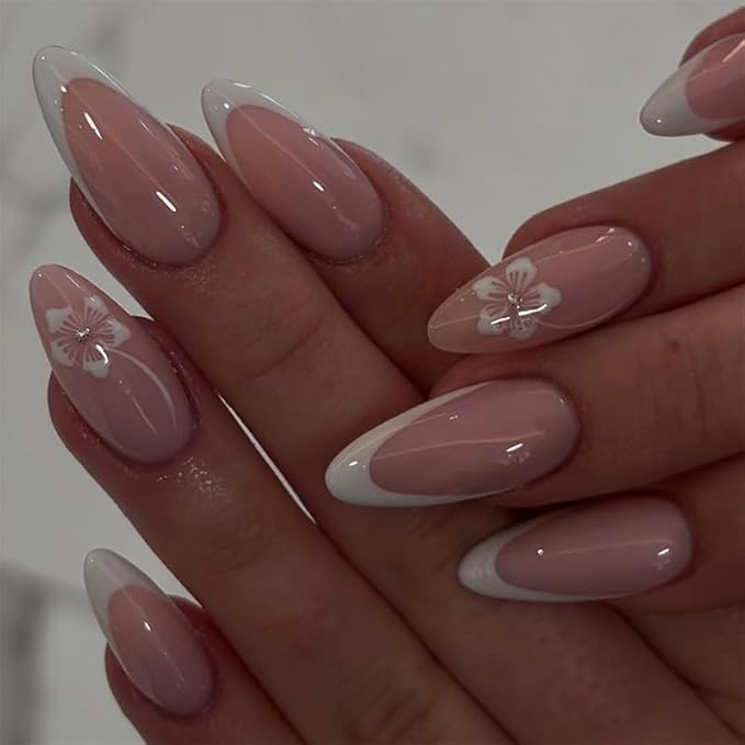 Press on Nails Almond Painted Flowers French Fake Nails French Fake Reusable Nail Kit with Nail Glue Adhesive Tabs Mini File for Women Manicure Nail Art Decoration 24PCS