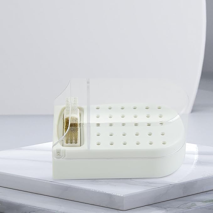 HURRISE Nail Drill Bit Holder,Nail Drill Bit Display Box Nail Drill Bit Storage Plastic 30 Holes Transparent Portable Nail Drill Bit Holder with Cleaning Brush (White)