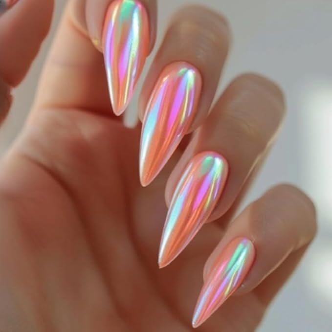 Almond Press on Nails Medium Chrome Fake Nails Metal Mirror False Nails Glossy Shiny Acrylic Nail Press ons Full Cover Holographic Glue on Nails for Women Girls Manicure 24 Pcs