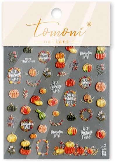 Pumpkin Nail Stickers Fall 3D Self-Adhesive Garland Nail Art Stickers Flower Nail Decals 5D Embossed Green Pumpkin Nails Designs Thanksgiving Nail Sticker for Women Girls Manicure 1 Sheet