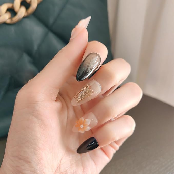 10 Medium Almond Handmade Press On Nails | Edgy Feminine Brown Cat Eye Fake Nails with 3D Floral, Gold Brushed & Black Accents | Reusable Salon Quality (5U05, M)