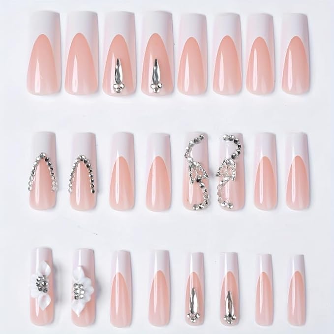Square Press on Nails Long White Fake Nail3D Flowers Charm Acrylic with Rhinestones Design Stick on Nails for Women 24pcs