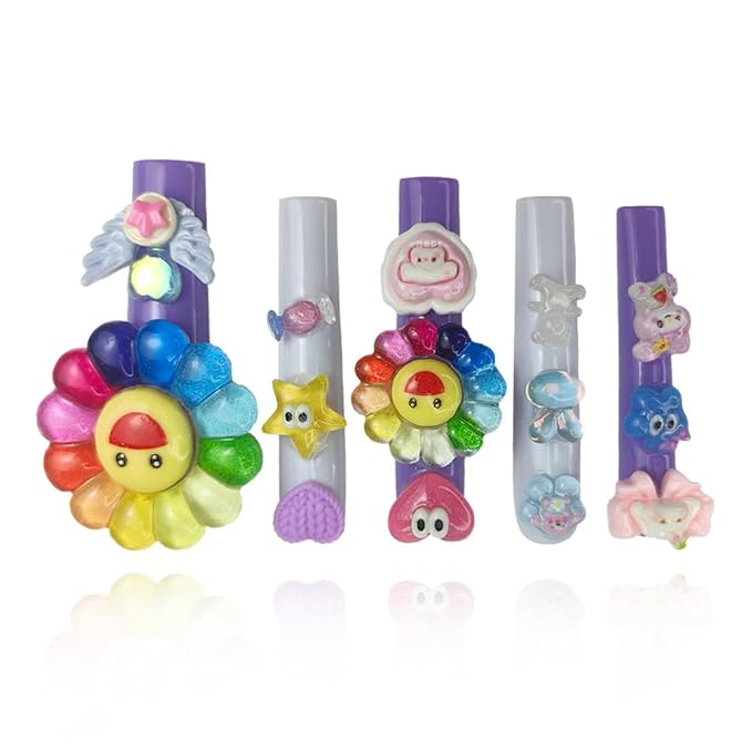 2025 Pastel Kawaii Rainbow Smile Flower Deco Press-On Nails | Handmade PMMA Acrylic Reusable Tips w/Box Gift for Girls (Sunny Parade, M)