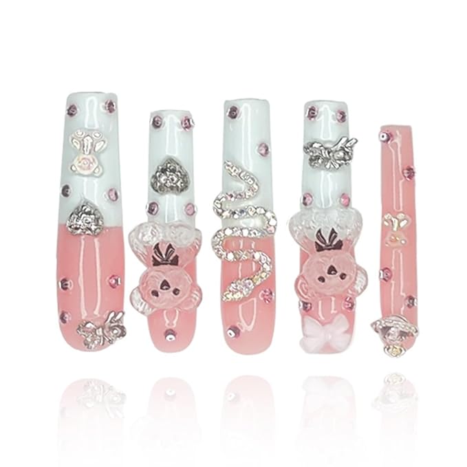 2025 Long Pmma Acrylic Handmade Nail Design Novelty with Rhinestone Bear Love Snake Design Glossy Nail, Reusable Nail Set with Box Gift for Women (White-pink, M)