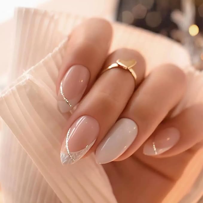 6 Packs (144 Pcs) Press on Nails Medium Almond Fake Nails French Tip False Nails with Designs Leaf Glue on Nail Full Cover Glossy Acrylic Stick on Nail for Women Manicure (Style-16)