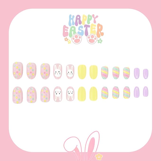 Easter Press on Nails - Medium Oval Fake Nails with Cute Rabbit | Colorful Easter Egg & Polka Dot Designs False Nails Press ons Full Cover Stick on Nails Easter Nails for Women Manicure 24Pcs