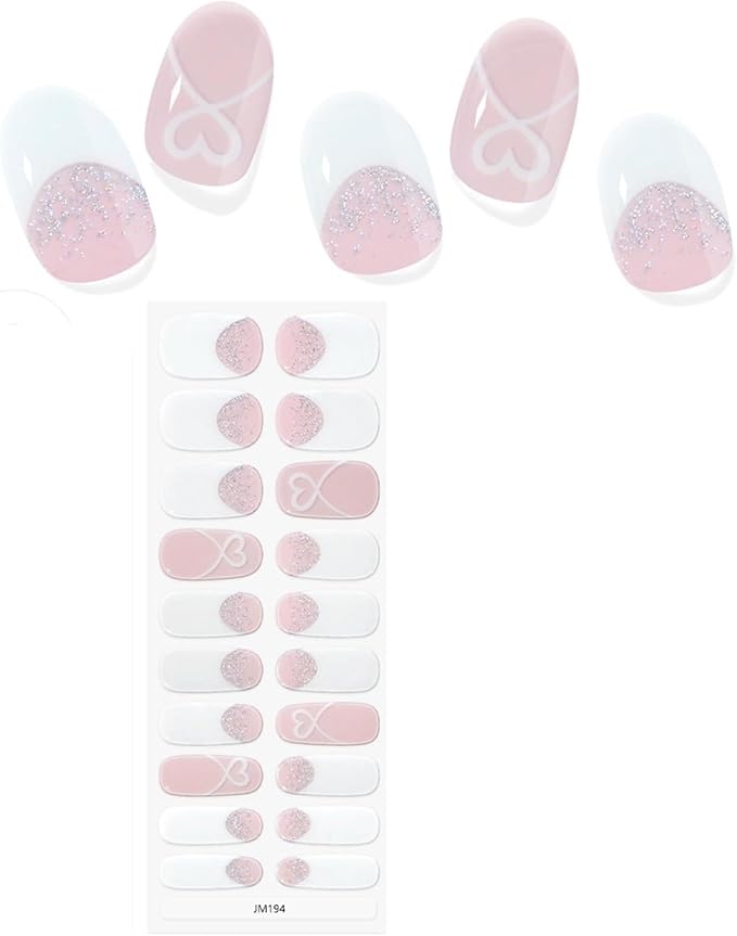 Valentines Day Semi Cured Gel Nail Strips 22Pcs Love Heart Gel Nail Stickers for Nail Art White Heart with French Tip Design Nude Pink Full Wrap Gel Nail Strips Sticker UV Light for Manicure Salon
