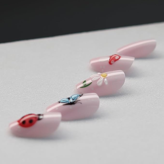 3D Insect Flowers Press On Nails Almond Medium, 3D Pattern Designer Reusable Acrylic Nails Press Ons, Fake Nails With Glue On, Daily Wear Floral False Nails For Women
