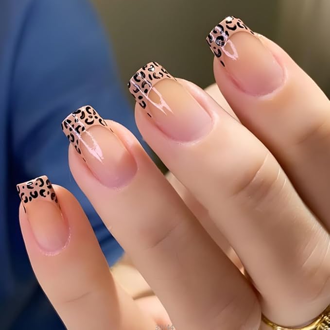 French Tip Press on Nails Leopard Fake Nails Short Square False Nails Glossy Cute Glue on Nail Reusable Acrylic Nails full Cover Stick on Nail for Women Manicure 24Pcs