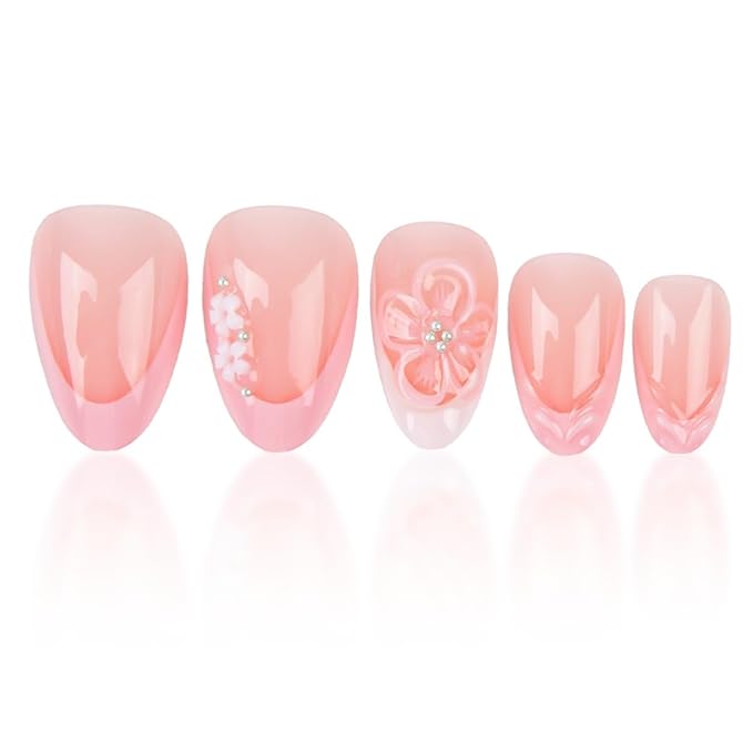 Short Press on Nails Almond - French Tip Fake Nails with 3D Flower Design - Pink Glossy Full Cover Stick on Nails for Women Manicure 24 Pcs