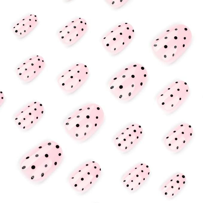 Polka Dot Press on Nails Medium Oval Fake Nails Light Pink False Nails Press ons with Black Dots Design,Reusable Artificial Nail,Full Cover Glossy Glue on Nail Stick on Nails for Women Manicure 24Pcs