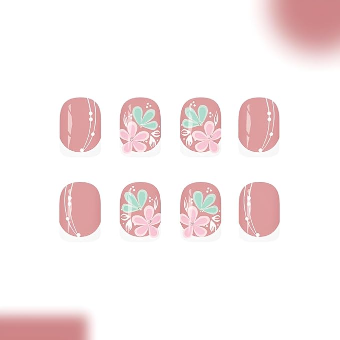 24Pcs Flower Press on Nails Short Square Fake Nails White French Tip Nails Press Ons Summer Spring Glue on Nail Glossy Full Cover False Nails Flower Stick on Nail for Women Decorations 24Pcs