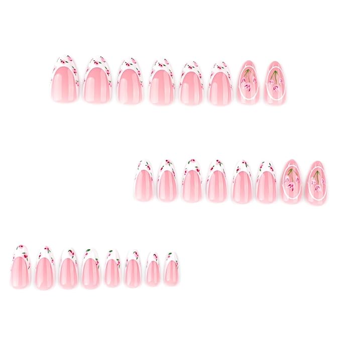 Flower French Tip Press on Nails Medium Almond Fake Nails Spring Summer Nails Press ons with Tulip Floral Design,Reusable & Easy Apply Full Cover Stick on Nails for Women Manicure 24Pcs