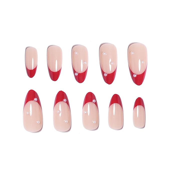 Rde French Tip Press on Nails Almond Medium Fake Nails with Design Pearl False Nails Press ons Glossy Full Cover Acrylic Glue on Nails Cute Artificial Stick on Nail for Women Manicure 24Pcs