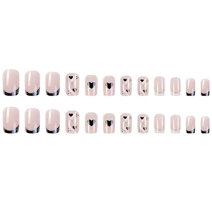 Short Press on Nails Square - French Tip Fake Nails with Black Heart Design - Glossy Full Cover Stick on Nails - for Women 24 Pcs
