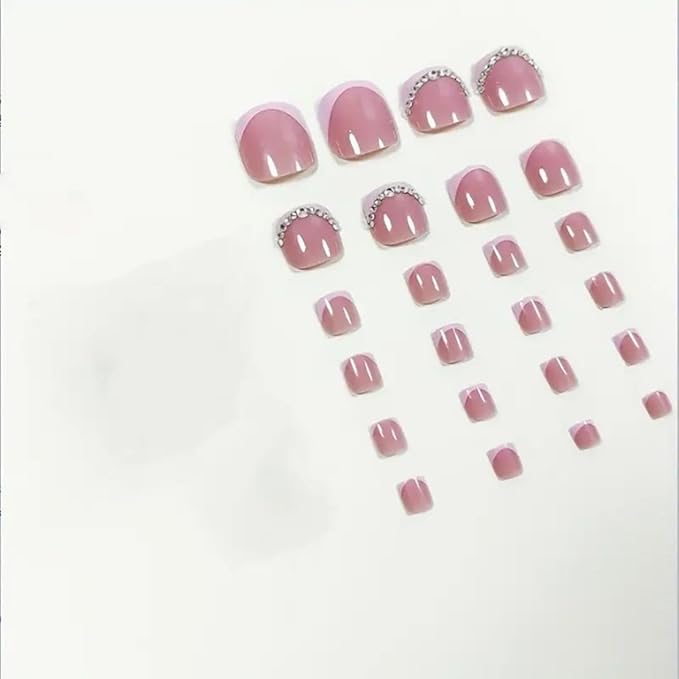 Pink French Tip Press On Toenails Short Square Fake Toes with Design Rhinestone Glue on Toe Nails Shiny Bling Summer False Toenails Reusable for Women Girls Foot Manicure 24pcs