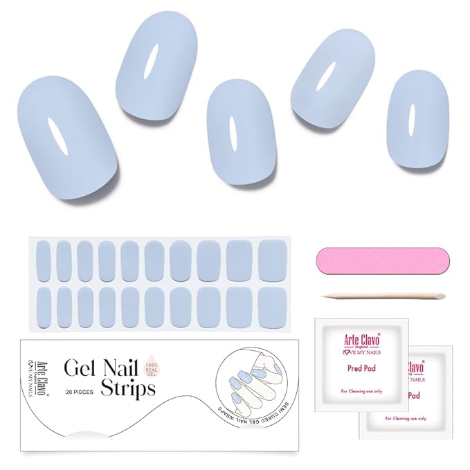 Arte Clavo Semi Cured Gel Nail Strips, 20 Pcs Gel Nail Stickers with UV Light Required, Salon Quality, Long Lasting, Easy Apply and Remove (Baby Blue)