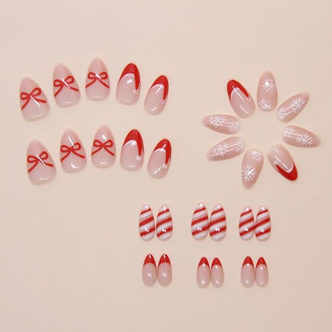 Christmas Nails Press On, Short Almond Press On Nails Red French Fake Nails With Bow Stripes Designs Acrylic Artificial Glue On False Nail Press Ons Stick On Nail for Women Girls