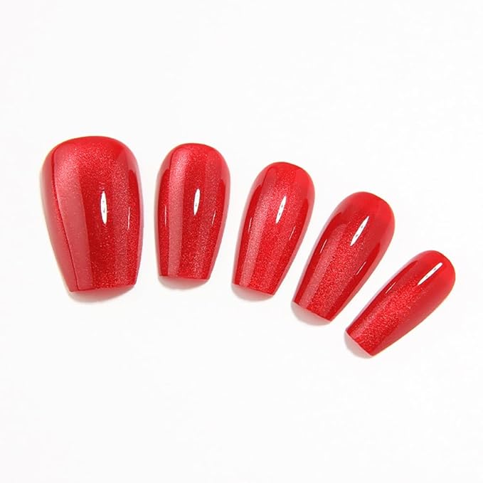 Red Medium Coffin Press On Nails, Cat Eye Press on Nails, Fashion Gel Fake Nails, Reusable Red Fake Nails, Glossy Stick on Nails for Women Girls, Glue on Nails Kit, Ballet Heatwave