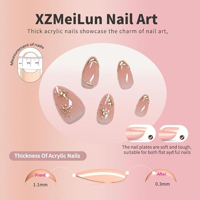 Short Almond Press on Nails with French Tip & 3D Gold Line Star Design, Glossy Full Cover Acrylic False Nails with Glue, Reusable Stick - Glue on Fake Nails for Women- Fall Nail Art Gift