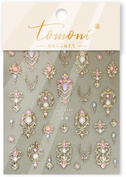 Gold Nail Stickers Pink Nail Art Stickers 3D Self-Adhesive Golden Truncheon Nail Designs Pink Blue Gemstone Nails Supplies 5D Embossed Shiny Totem Nails Art Decoration for Women DIY 1 Sheet