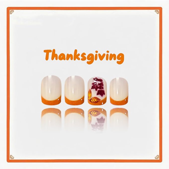Orange French Press on Nails Short Square Fake Nails Fall False Nails Press ons with Maple Leaf Design Glossy Full Cover Stick on Nails for Women Thanksgiving Manicure, Reusable | Artificial | 24Pcs