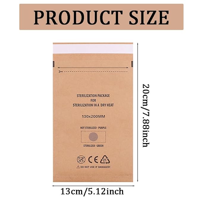 100PCS Disposable Sterilising Bags,Disposable Kraft Paper Self-Sealing Sterilization Bags,Dental Tool Sealing Pouch for Nail Salon Cosmetic Dental Tools(13 * 20cm/5.12 * 7.88inch)