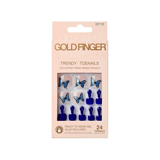 GoldFinger Trendy Press On Fake Toenail Kit, Butterfly Animal Print & Dark Blue Color, Ready to Wear Gel & Manicure Stick, Mini Glue included, Long-Lasting Convenient & Easy to Apply