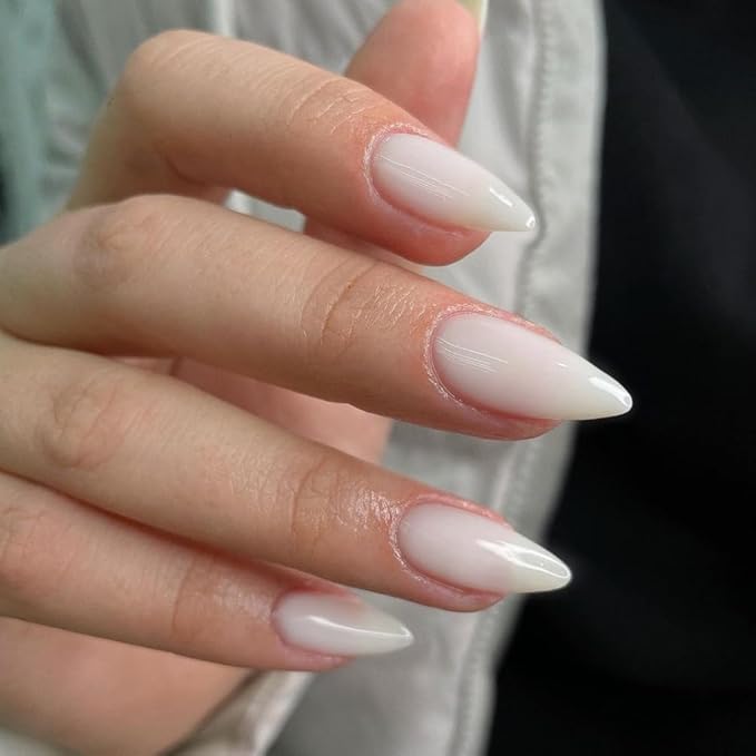 Frost White Press on Nails Almond Shaped Medium Almond Nails Press on Neutral Acrylic Nails Reusable Fake Nails for Women Girls, Glue on Nails Medium Length Stiletto False Nails Gel Artificial Nails