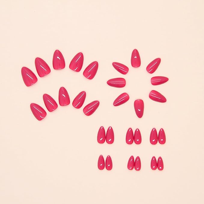 Red Press on Nails Short Almond Fake Nails Hot Pink False Nails Acrylic Glue on Nails Press ons Cute Artificial Stick on Nails for Women Decorations 24 Pcs