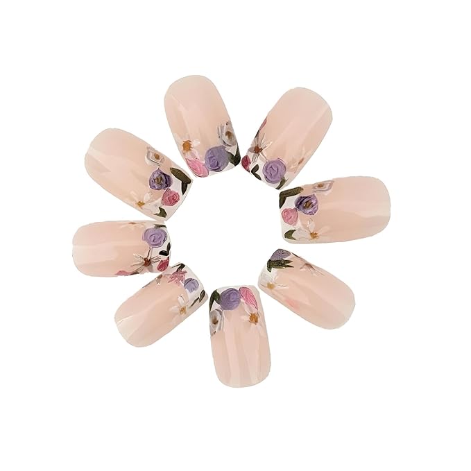 Flower Fake Nails Medium Square Press on Nails French Tip False Nails Glossy Full Cover Nails Press Ons Colorful Flower Stick on Nail Spring Glue on Nail for Women Decorations Set 24Pcss