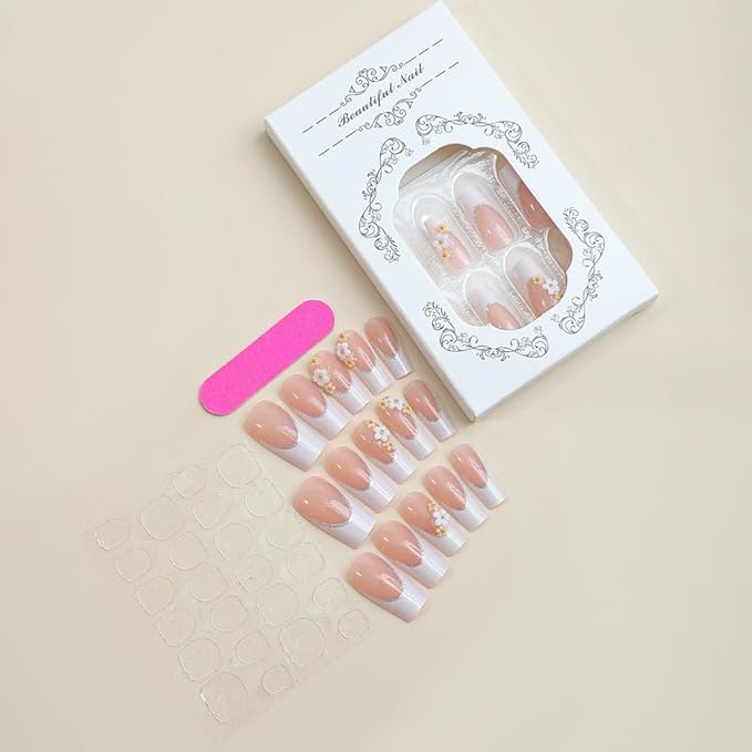 White Press on Nails Long,3D Flower Fake Nails Square Bling Glossy Rhinestone False Nail Tips Artificial Nails Finger Manicure for Women and Girls,24pcs