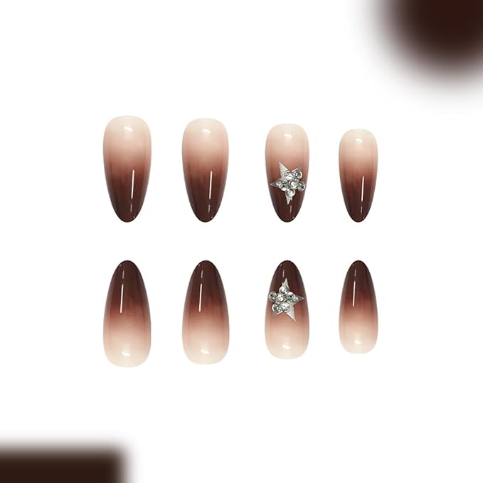 Brown Press on Nails Short Almond Fake Nails Brown Nails White Star False Nails Press ons with Gradient & Rhinestones Design Glossy Acrylic Full Cover Stick on Nail for Women Girls Manicure 24Pcs