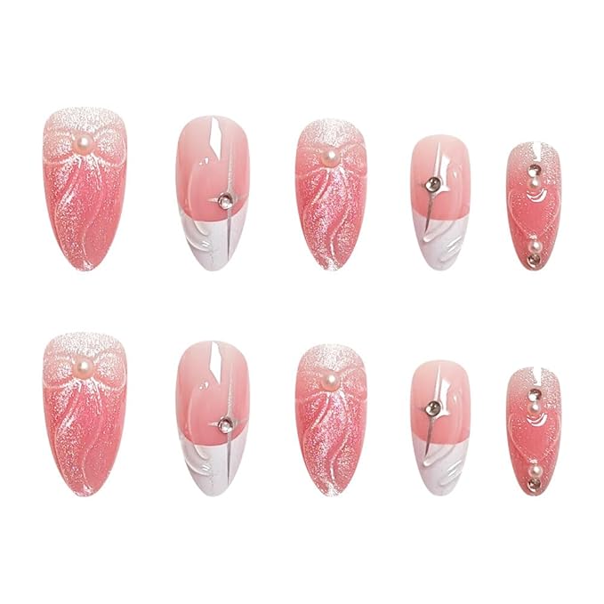 Almond Press on Nails Short Pink Fake Nails Cat Eye False Nails Finish Cute Glue on Nail French Tip Acrylic Nails Bow full Cover Stick on Nail for Women Manicure Nail Decoration 24Pcs