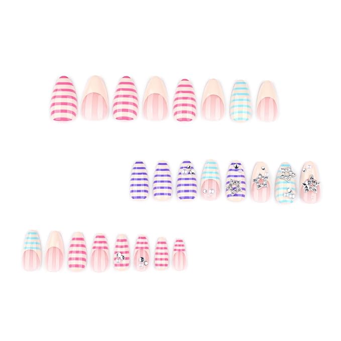 Pastel Stripe Press on Nails Medium Almond Fake Nails Y2K Nails Press ons with Star Charms Design,Reusable & Easy Apply Full Cover Stick on Nails for Women Manicure 24Pcs