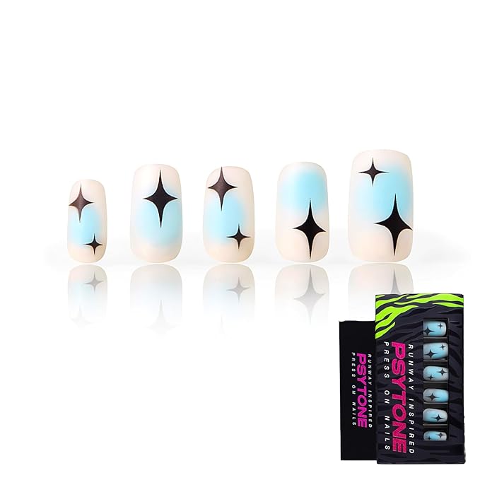 PSYTONE Short Press on Blue Nails Square Fake Black Star Nails Bling Acrylic Nude False Nails for Women and Girls 30 PCS