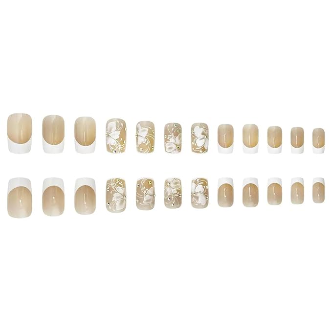 Square Press on Nails Medium - White Fake Nails with Flower Design - Rhinestone, French Tip Full Cover Stick on Nails - for Women 24 Pcs