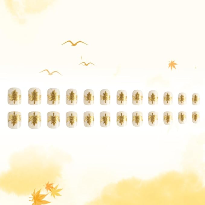 Fall Press on Nails Short Square Fake Nails Gold Maple Leaf False Nails Press ons with Golden Metal Leaf Design-Reusable Artificial Nail Full Cover Stick on Nails for Women Manicure 24Pcs