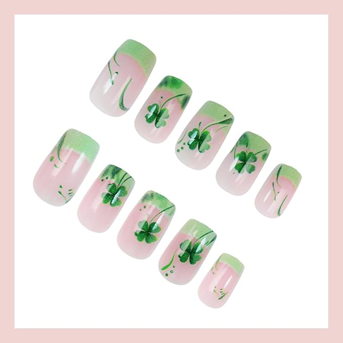 St. Patrick's Day Press on Nails Short French Tip Fake Nails Lucky Shamrock False Nails Green Four Leaf Clover Glue on Nails Irish Square Acrylic Nails St. Patrick's Day Artificial Nails Set 24Pcs