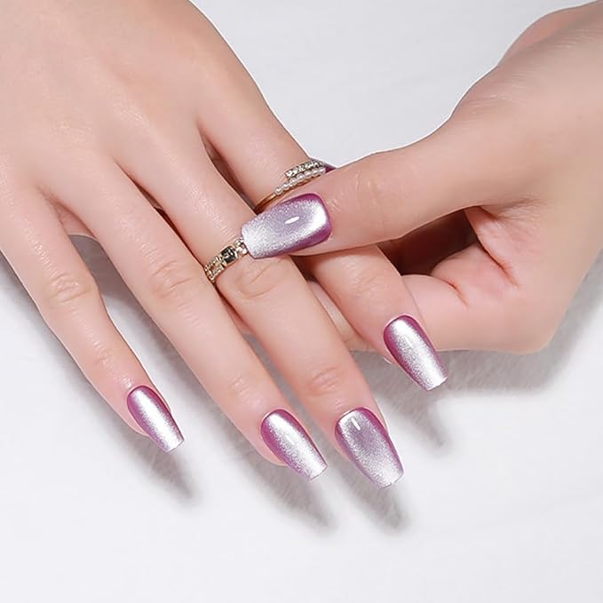 evpct Purple Cat Eye Coffin Press on Nails Square Medium, Medium Square Stick on Nails for Women Gift, Lavender Purple Metallic Glitter Glossy Reusable Summer Press on Fake Nail with Designs, 24Pcs