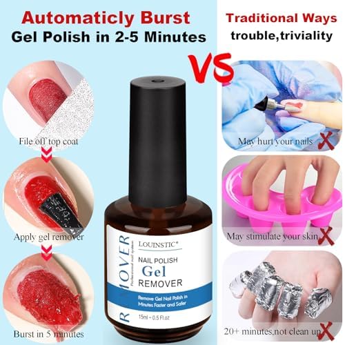LOUINSTlC Gel Nail Polish Remover-2 x15ml Bottles，Fast 2-5 Min, Acetone-Free, Gentle on Nails, No Foil/Soak, includes 2 Tools for DlY & Professional Use