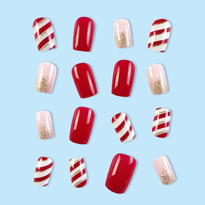 24Pcs Medium Press on Nails Square Christmas Fake Nails White Snowflakes Full Cover False Nails with Golden Glitter Powder Design Acrylic Nails Reusable Stick On Nails For Women and Girls