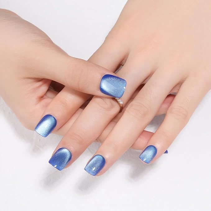 Blue Press on Nails Short Square, Cat Eye Press on Nails, Fashion Gel Fake Nails, Reusable Acrylic Fake Nails, Glossy Stick on Nails for Women Girls Gift, Glue on Nails Kit, Ice Blue, 30Pcs