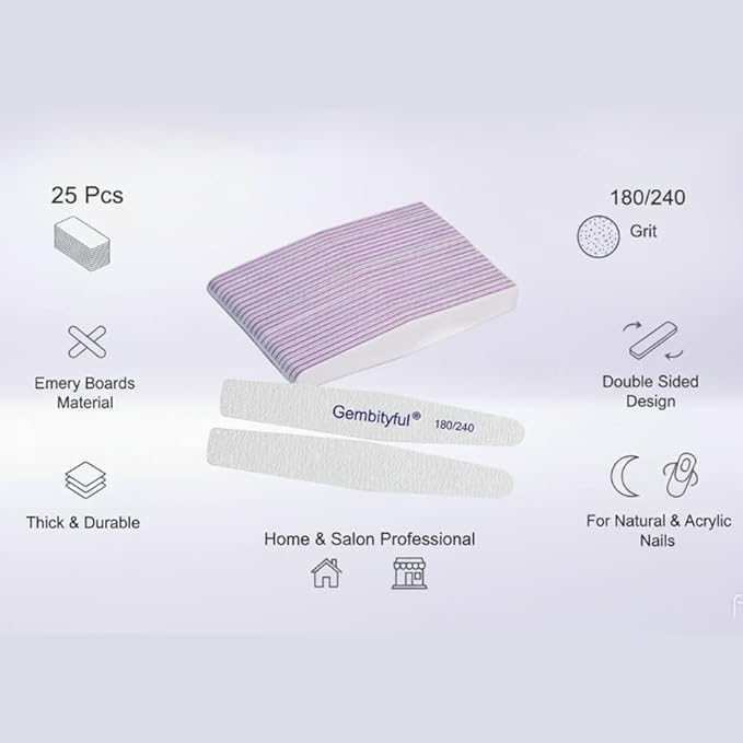 25 Pcs Thick Nail File 180/240 Grit Rhombus Shape, Emery Boards Nail File for Natural Nails and Acrylic Nails, Double Sided Boards Profesional for Home and Salon