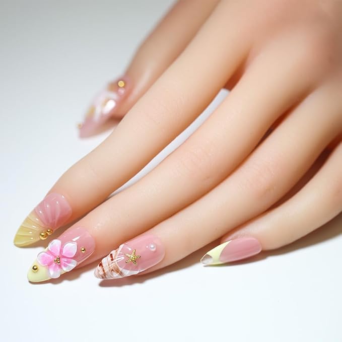 10Pcs Long Almond Handmade Press On Nails | Pink-Yellow Ombre with 3D Starfish, Flower & Seashell Decor | Easy to Apply, Remove & Reusable, Salon-Quality (A017, M)
