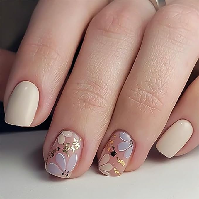 Short Square Press On Nails, Beige Fake Nails with Blossom Floral and Gold Foil Design, Glossy Reusable Acrylic Nails Kit for Women, Natural Look, 24Pcs Glue-On Set