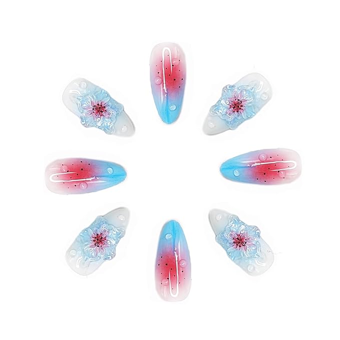 OCOUYVD Blue Almond M Medium Almond False Nails 10pcs Handmade Luxury 3D Flower Gel Acrylic Nails Full Cover Stick on Nails for Women DIY Manicure
