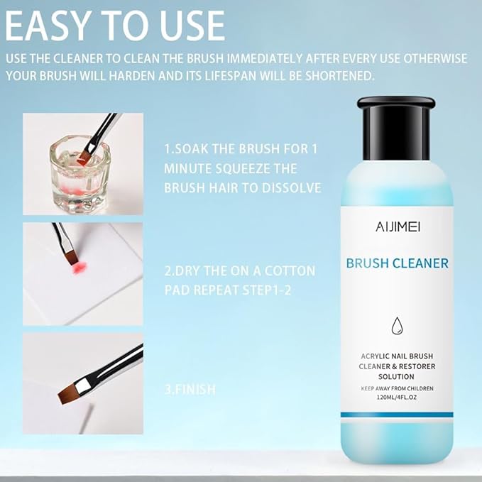 AIJIMEI Nail Brush Cleaner 120ml Gel Solution for Preserving & Restoring Nail Art Brushes Includes Glass Cup & Cleaning Cotton Pads Effective Manicure Brush Cleaning For Home Nail Salons